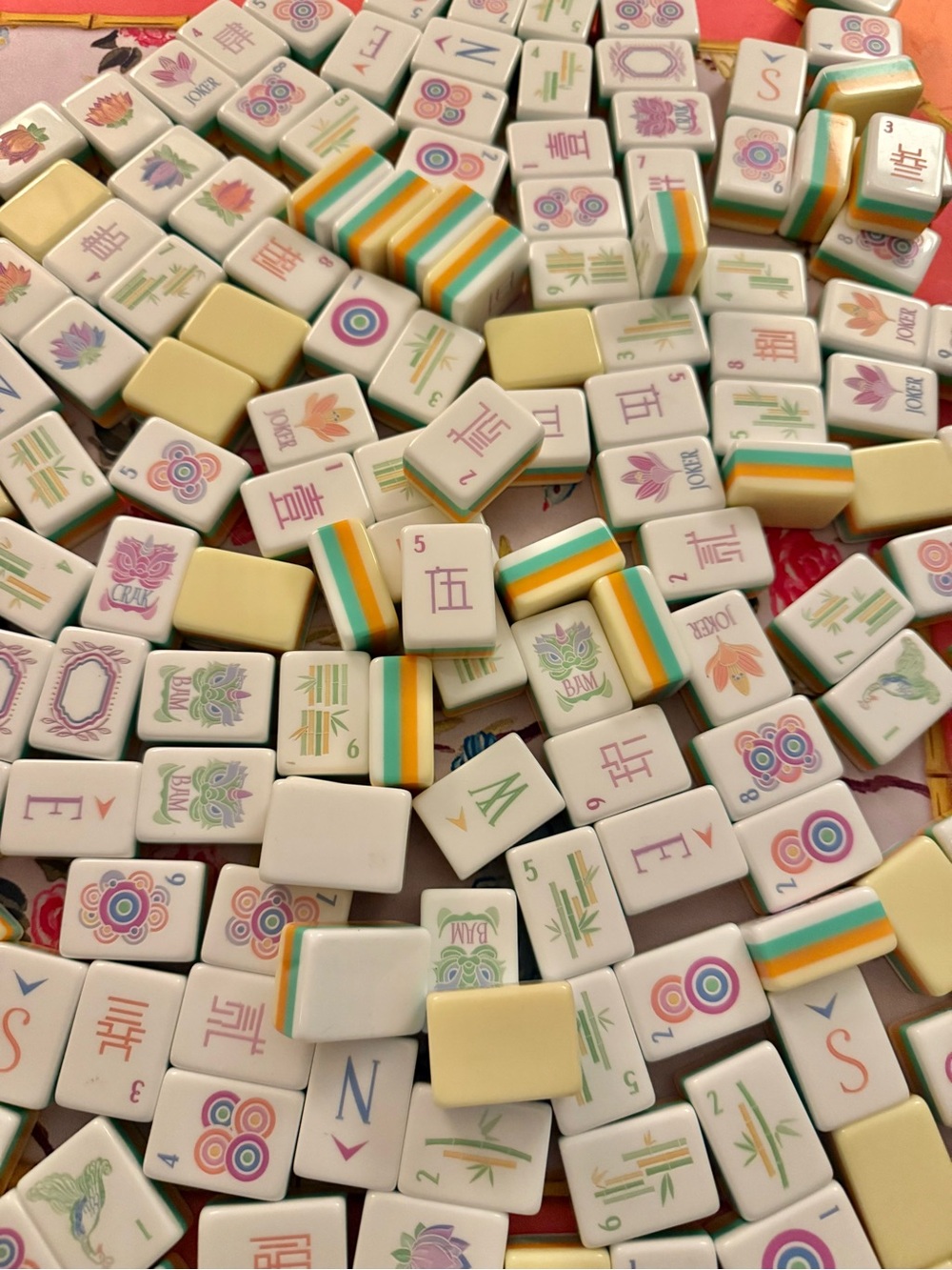 Colorful Mahjong Tiles Set - White, Yellow, Teal, Orange Accents